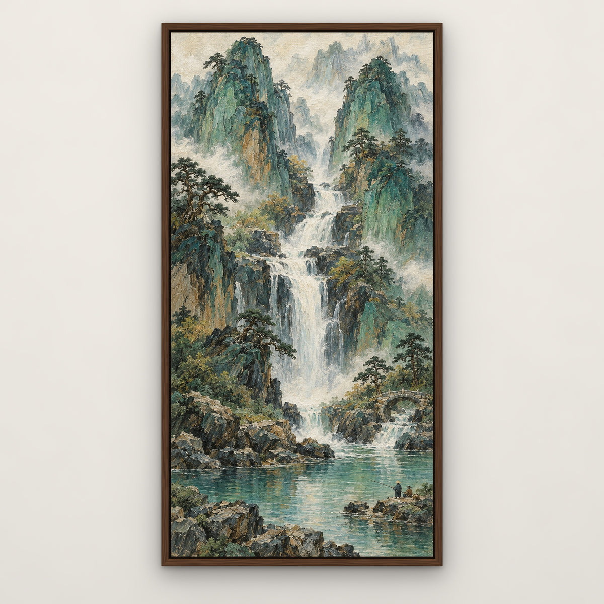 Jade Mountain Falls, green mountain landscape hand-painted canvas wall art in a slim walnut float frame – Gallery 23