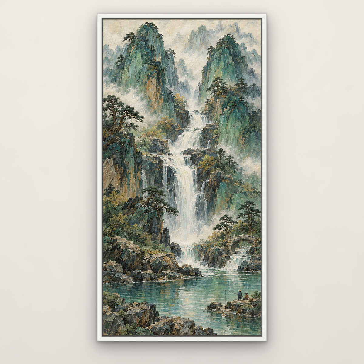 Jade Mountain Falls, green mountain landscape hand-painted canvas wall art in a slim white float frame – Gallery 23