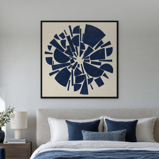 Indigo Geometry, blue abstract hand-painted canvas wall art in a bedroom – Gallery 23