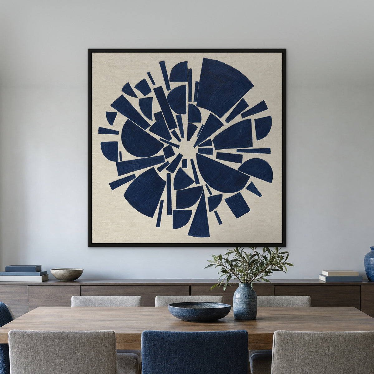 Indigo Geometry, blue abstract hand-painted canvas wall art in a dining room – Gallery 23