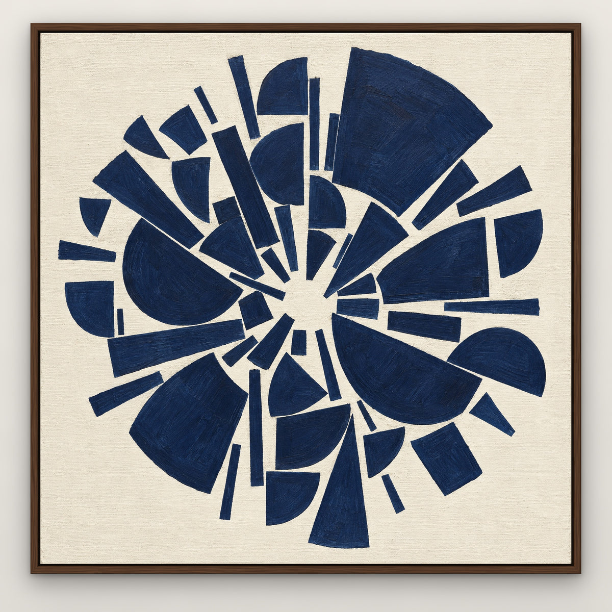 Indigo Geometry, blue abstract hand-painted canvas wall art in a slim walnut float frame – Gallery 23