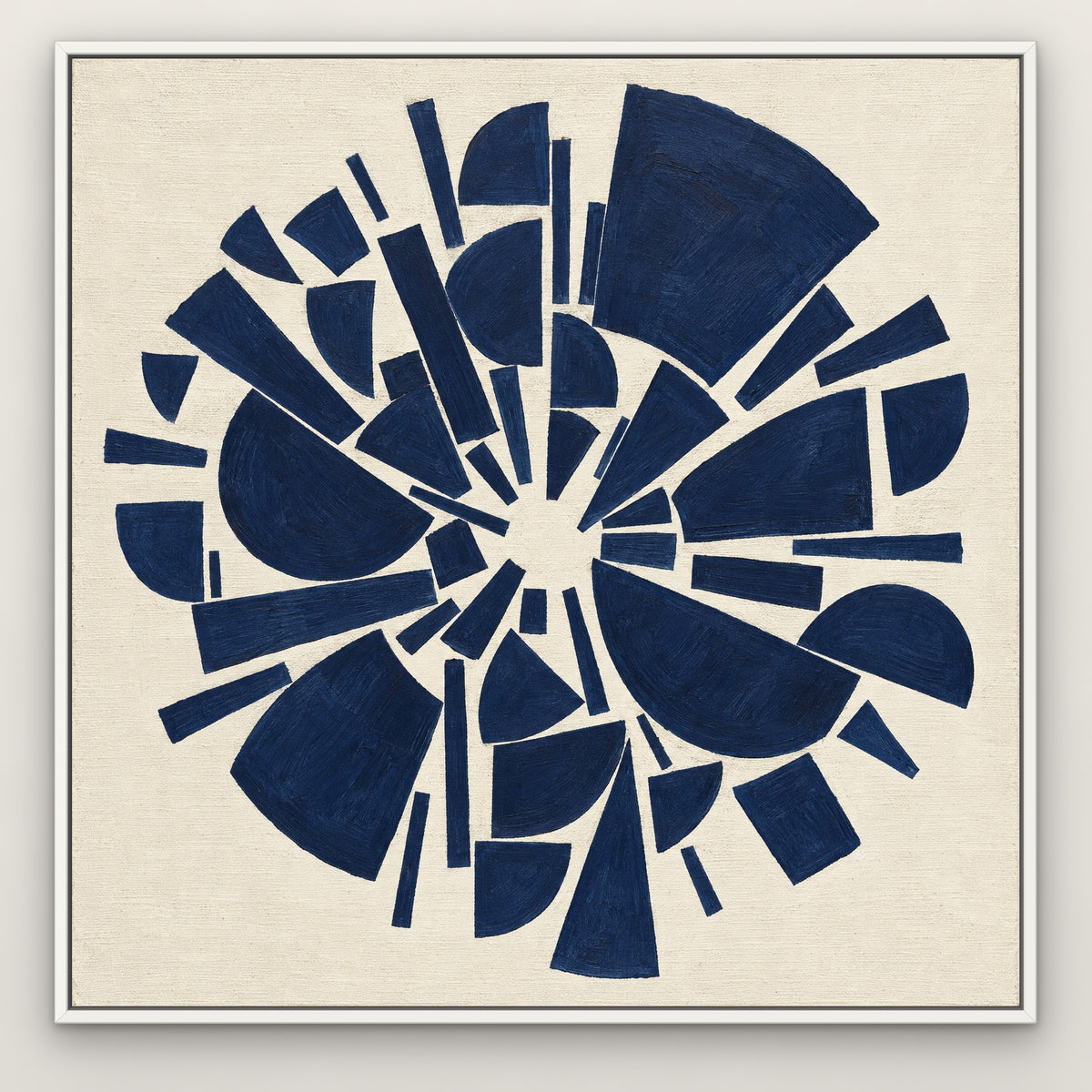 Indigo Geometry, blue abstract hand-painted canvas wall art in a slim white float frame – Gallery 23