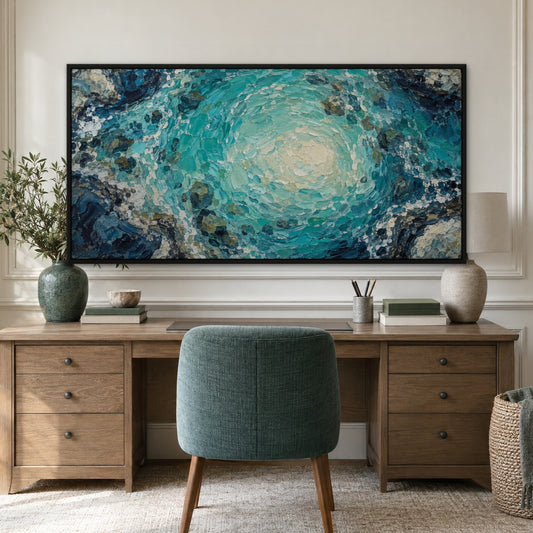 Turquoise Shore Strokes, blue abstract hand-painted canvas wall art in a home office – Gallery 23