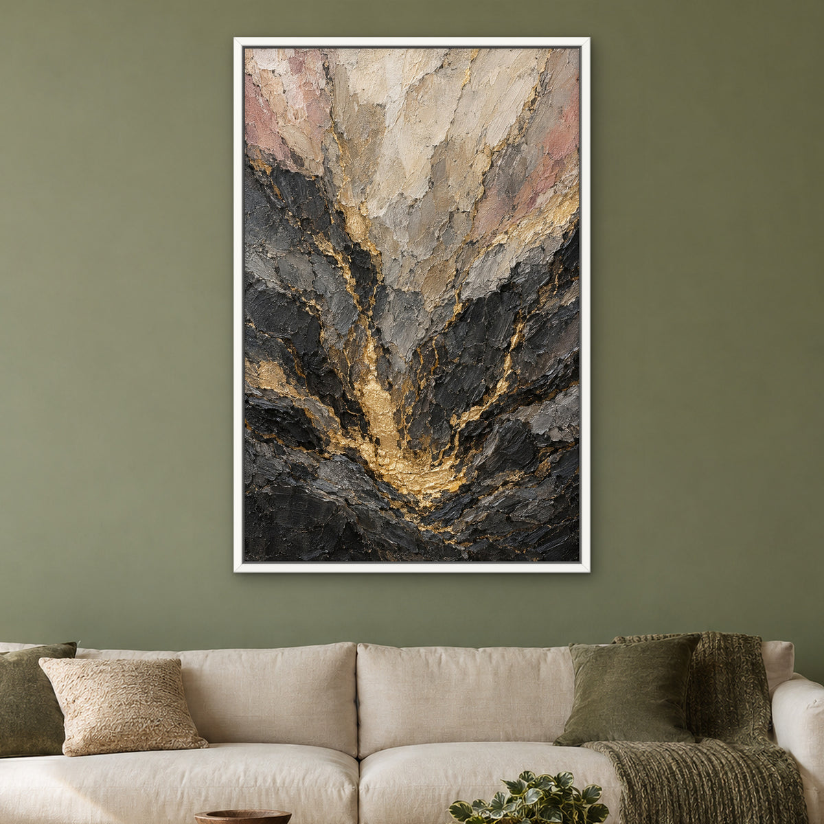 Granite Gold Flow, neutral abstract hand-painted canvas wall art in a living room – Gallery 23