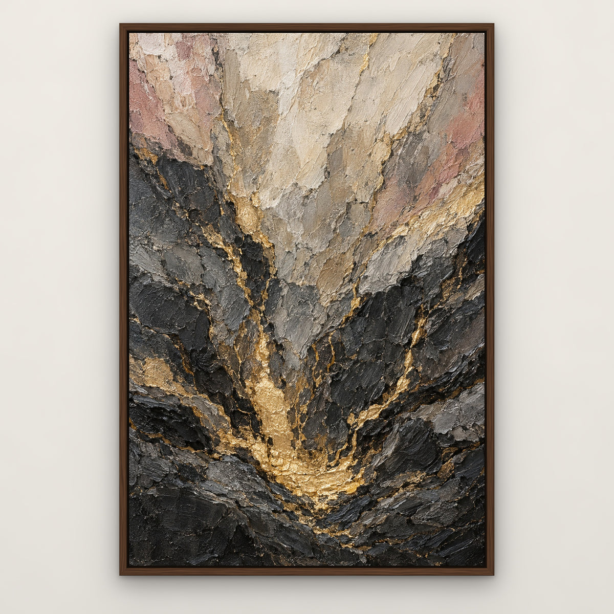 Granite Gold Flow, neutral abstract hand-painted canvas wall art in a slim walnut float frame – Gallery 23