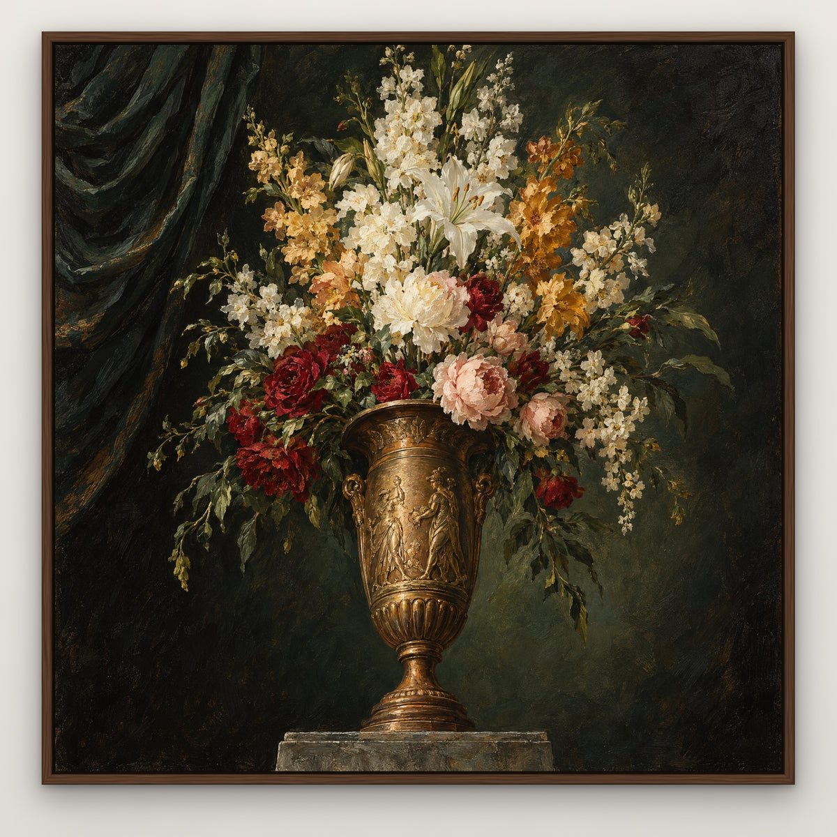 Opulent Urn Bouquet, black and white floral hand-painted canvas wall art in a slim walnut float frame – Gallery 23