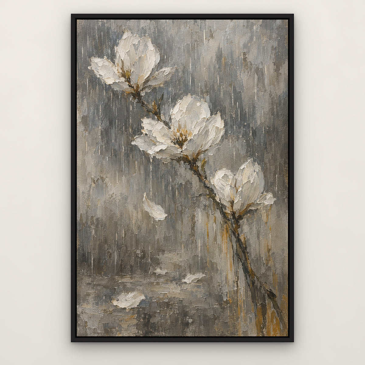 White Blooms in Rain, grey floral hand-painted canvas wall art in a slim black float frame – Gallery 23