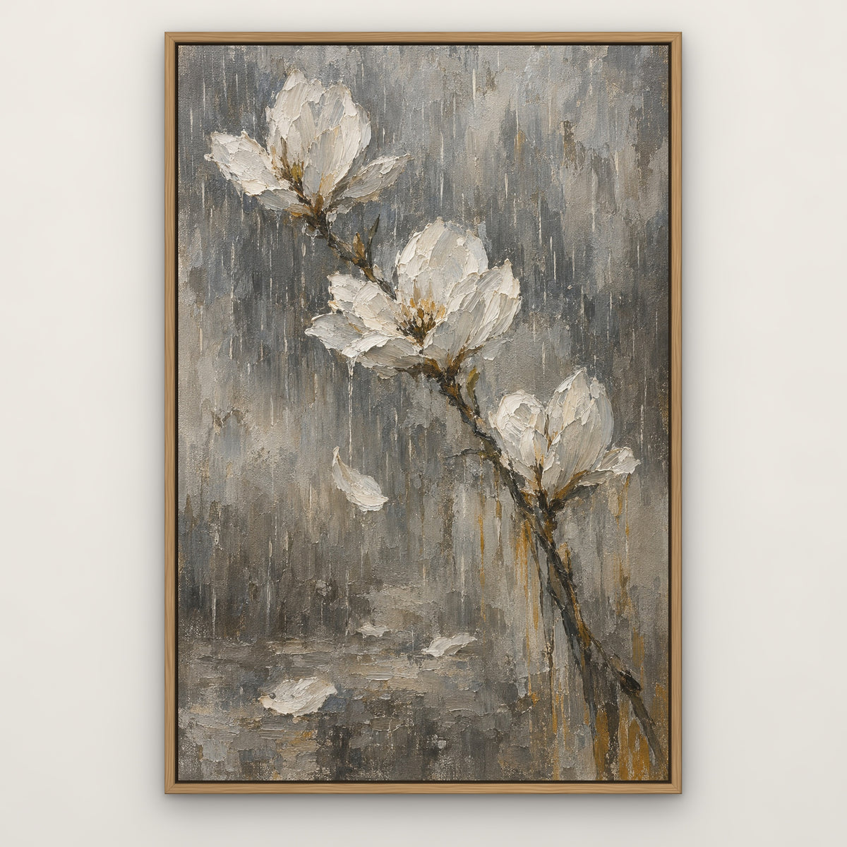 White Blooms in Rain, grey floral hand-painted canvas wall art in a slim oak float frame – Gallery 23