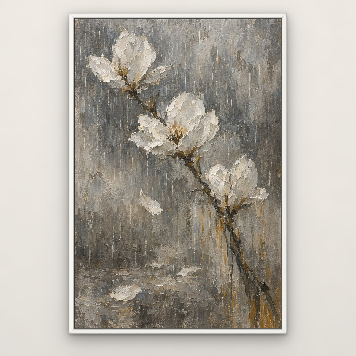 White Blooms in Rain, grey floral hand-painted canvas wall art in a slim white float frame – Gallery 23