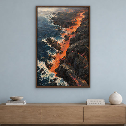 Ember Coastline, colourful abstract hand-painted canvas wall art in a living room – Gallery 23