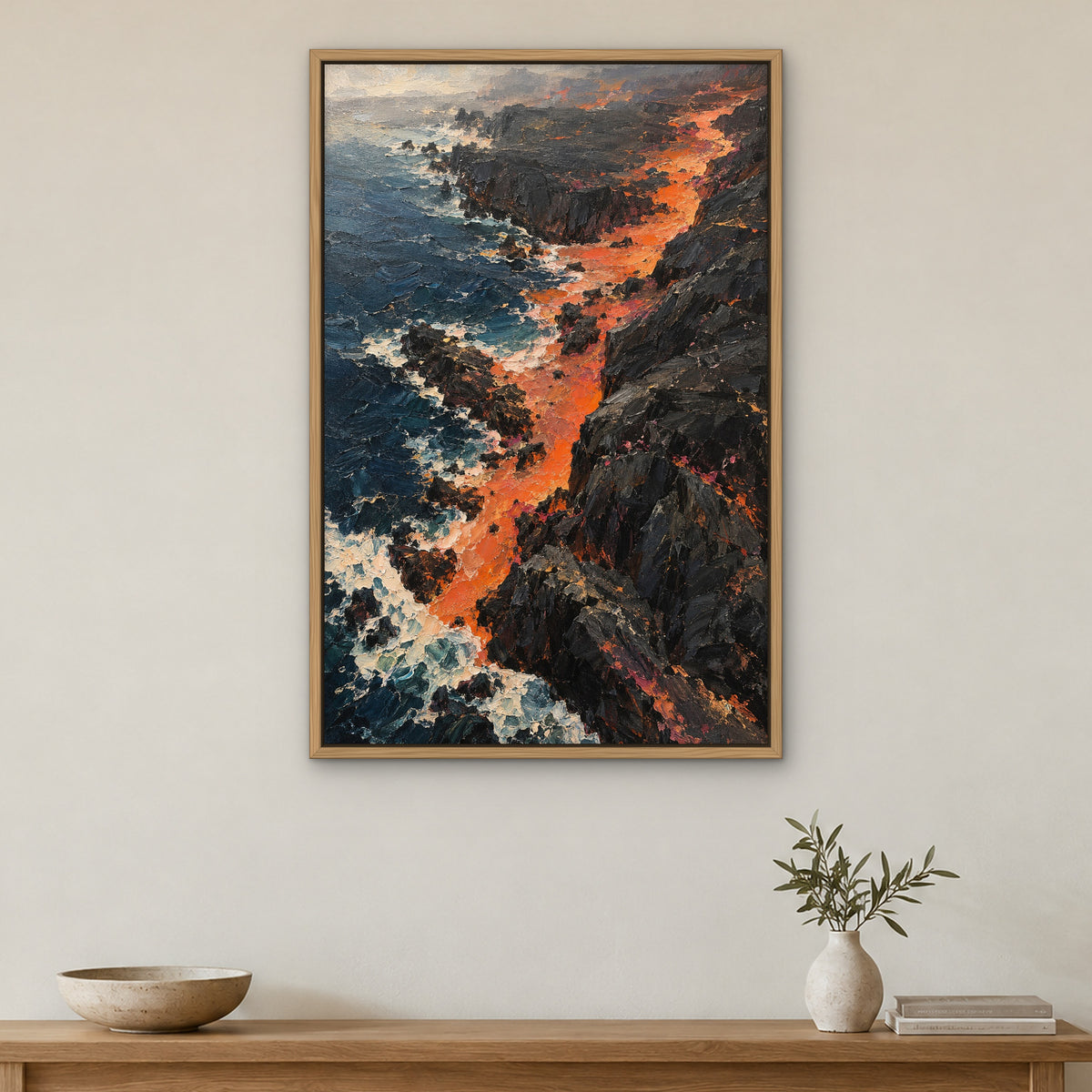 Ember Coastline, colourful abstract hand-painted canvas wall art in a hallway – Gallery 23