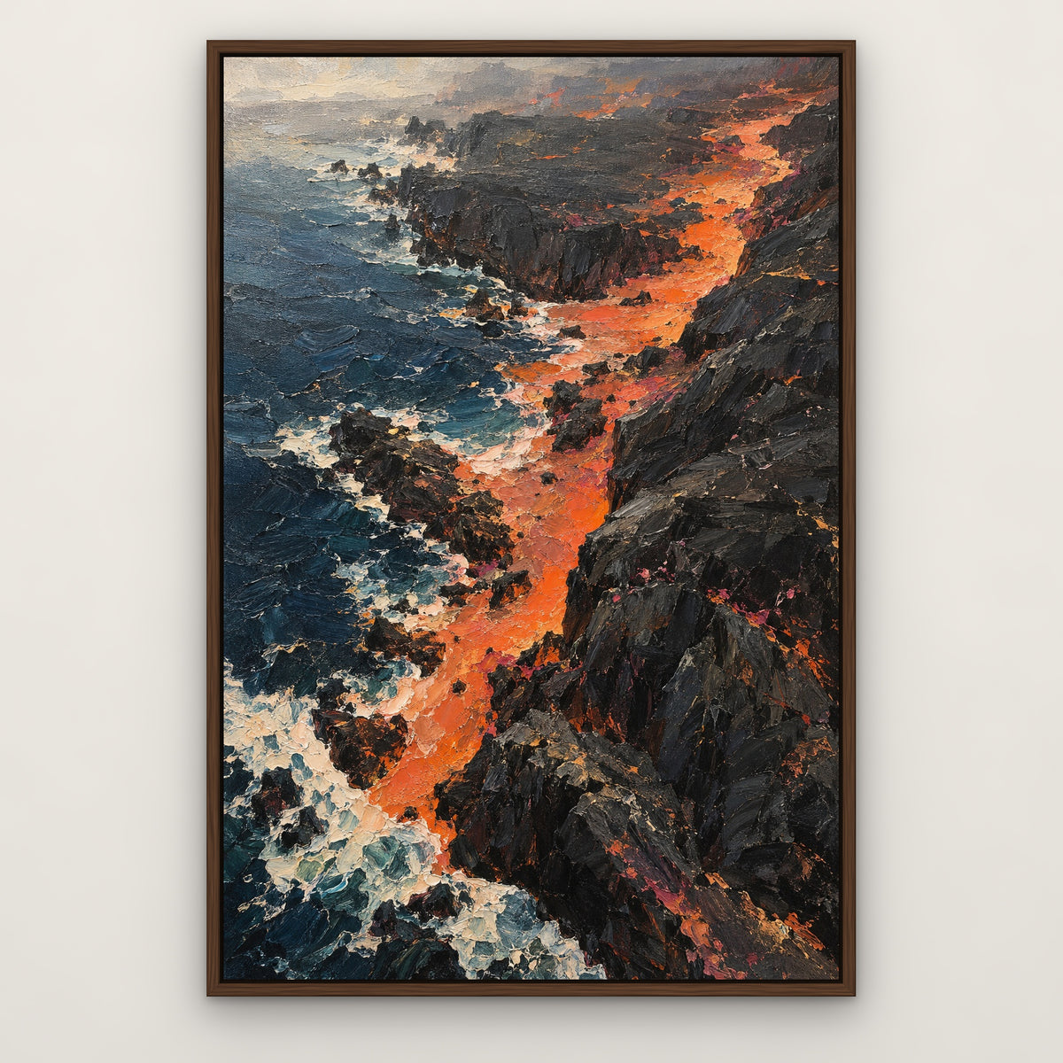Ember Coastline, colourful abstract hand-painted canvas wall art in a slim walnut float frame – Gallery 23