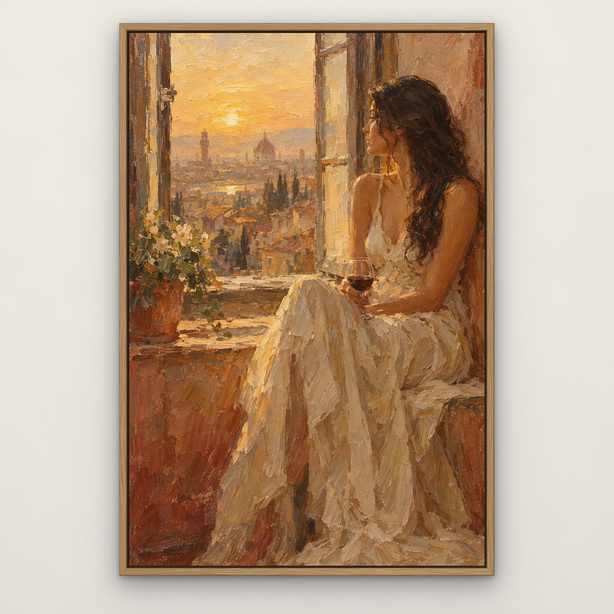 Window Light Reverie, brown portrait hand-painted canvas wall art in a slim oak float frame – Gallery 23