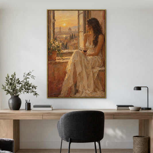 Window Light Reverie, brown portrait hand-painted canvas wall art in a home office – Gallery 23