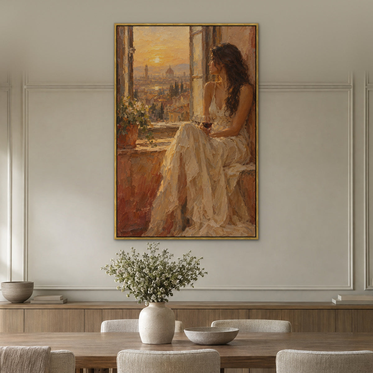 Window Light Reverie, brown portrait hand-painted canvas wall art in a dining room – Gallery 23