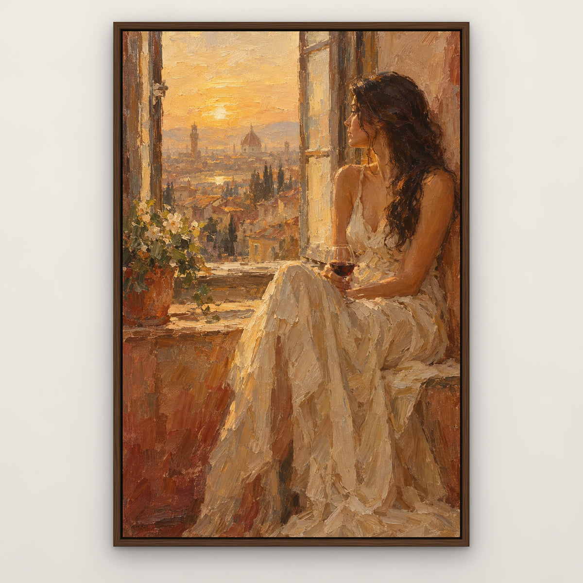 Window Light Reverie, brown portrait hand-painted canvas wall art in a slim walnut float frame – Gallery 23