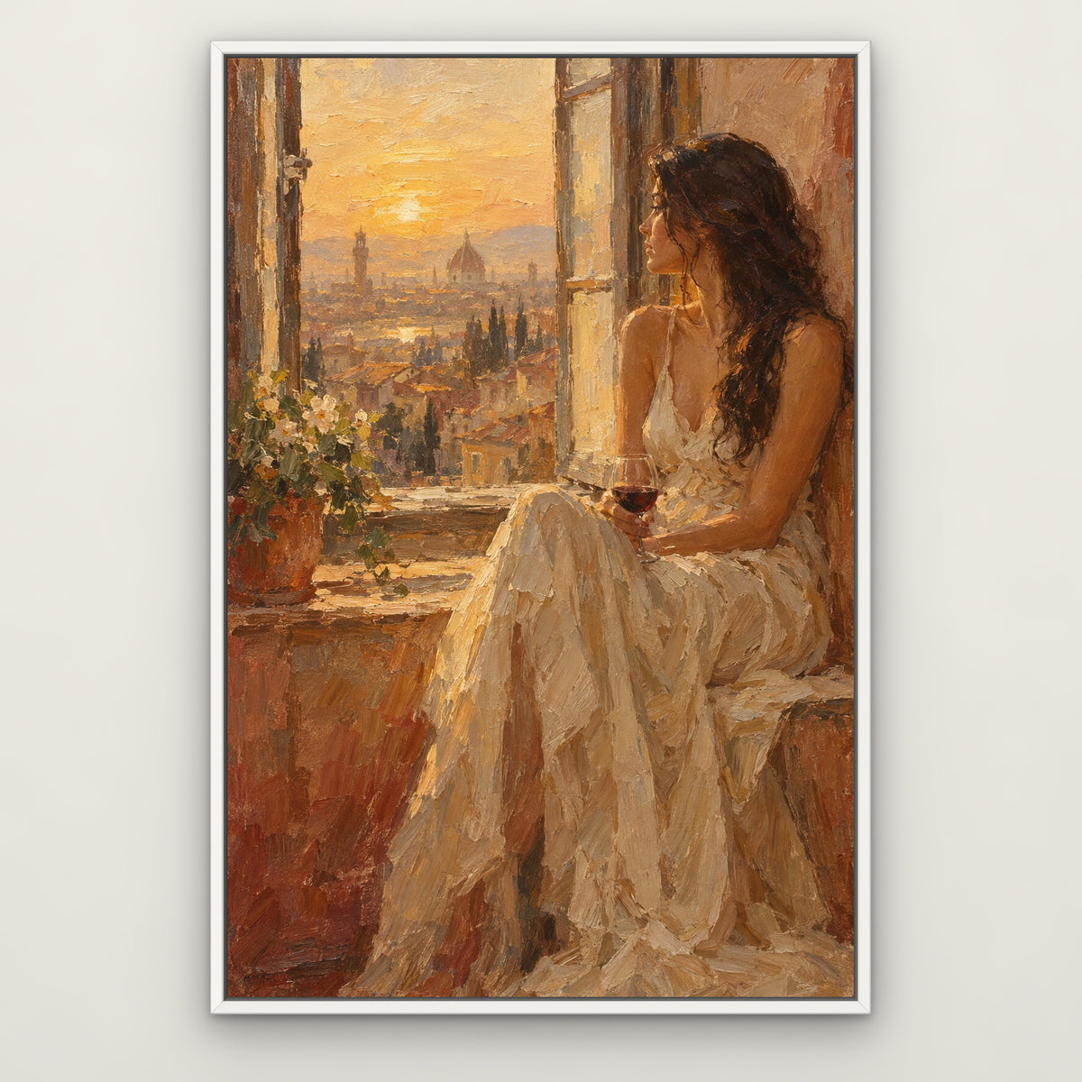 Window Light Reverie, brown portrait hand-painted canvas wall art in a slim white float frame – Gallery 23
