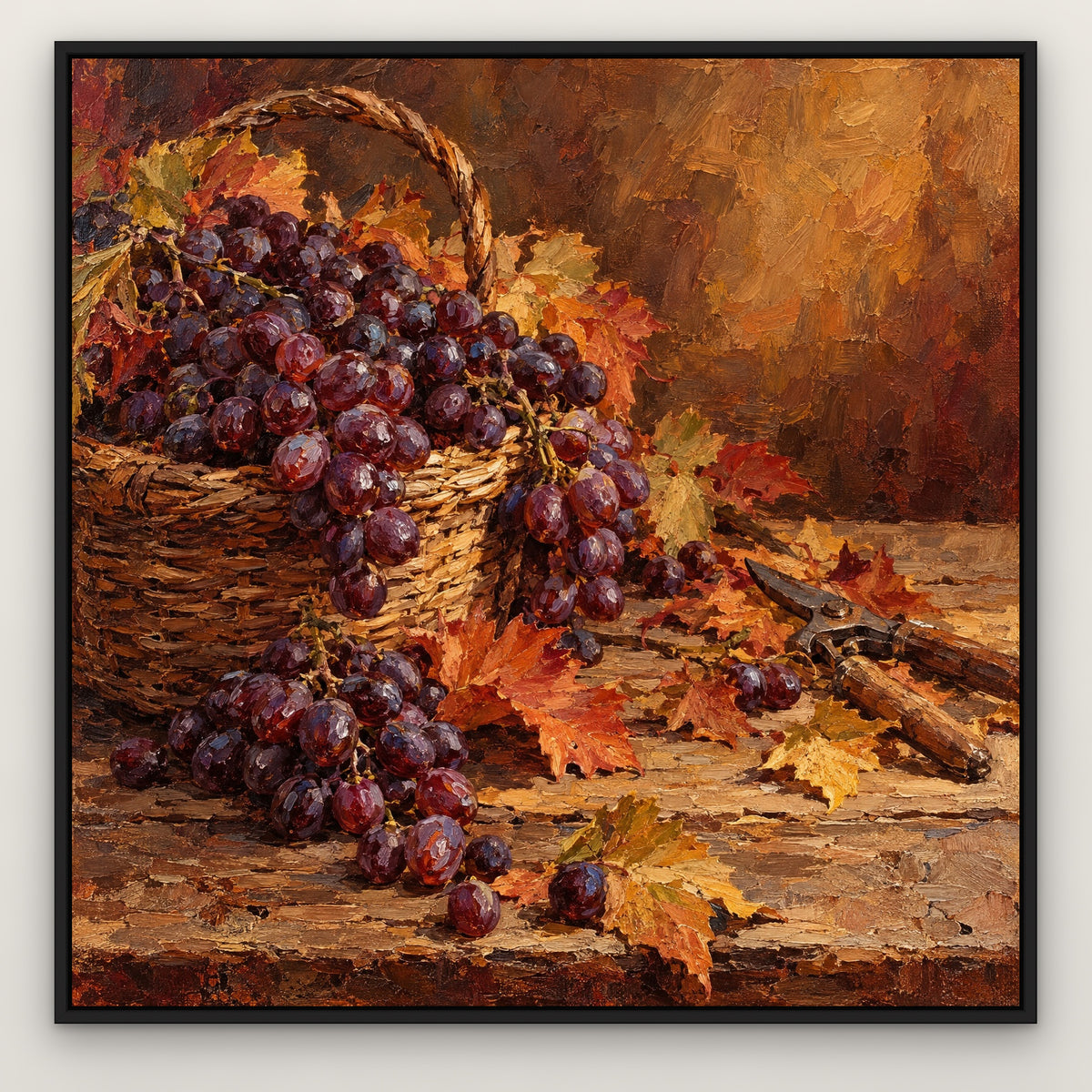 Grape Harvest Still Life, orange hand-painted canvas wall art in a slim black float frame – Gallery 23