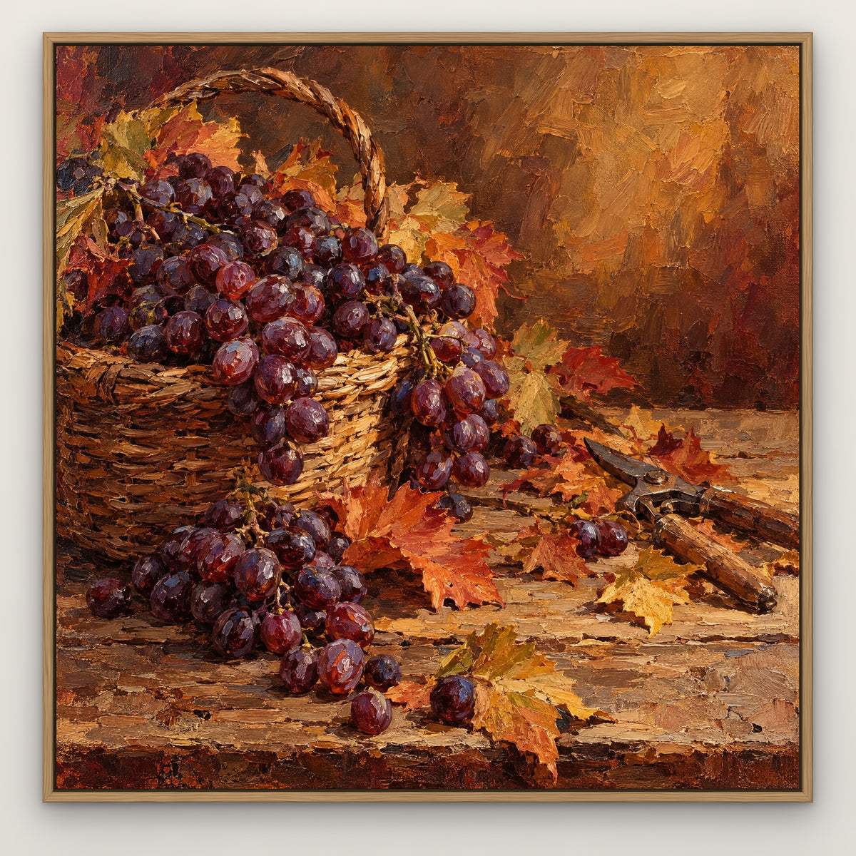 Grape Harvest Still Life, orange hand-painted canvas wall art in a slim oak float frame – Gallery 23