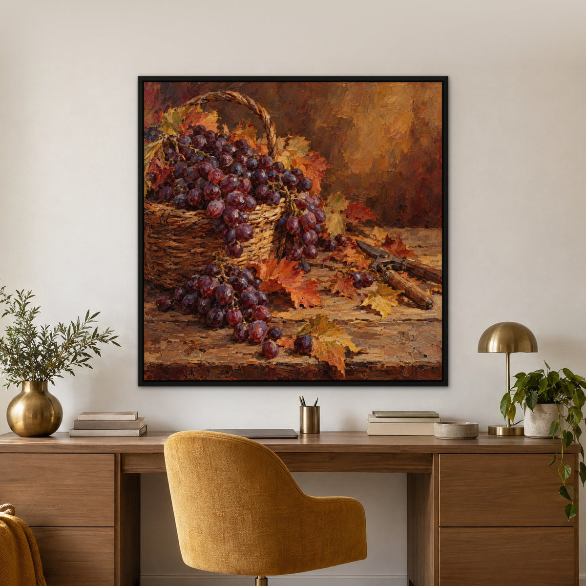 Grape Harvest Still Life, orange hand-painted canvas wall art in a home office – Gallery 23