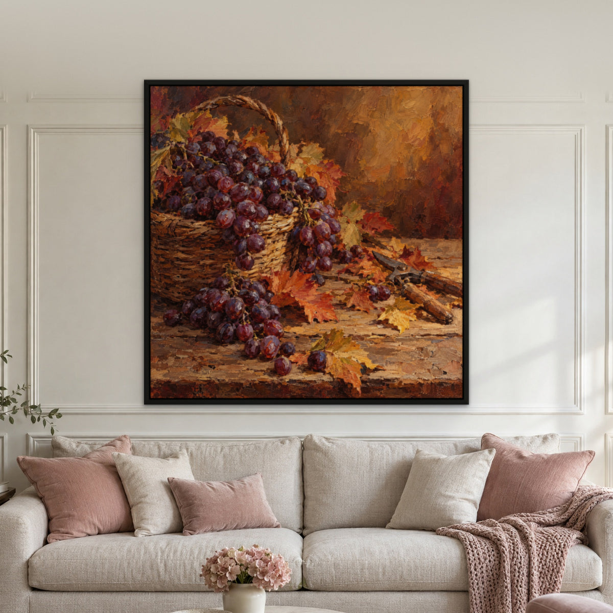 Grape Harvest Still Life, orange hand-painted canvas wall art in a living room – Gallery 23
