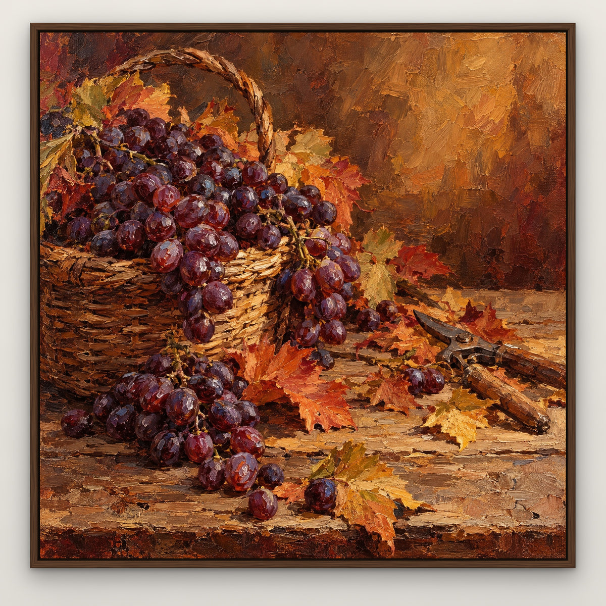 Grape Harvest Still Life, orange hand-painted canvas wall art in a slim walnut float frame – Gallery 23