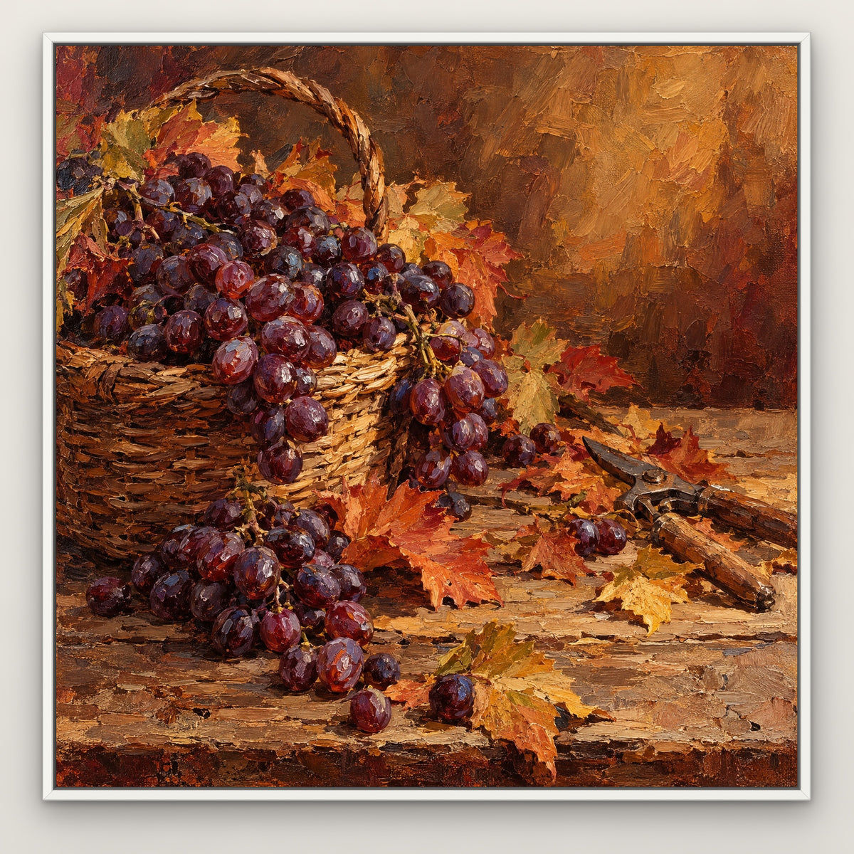 Grape Harvest Still Life, orange hand-painted canvas wall art in a slim white float frame – Gallery 23