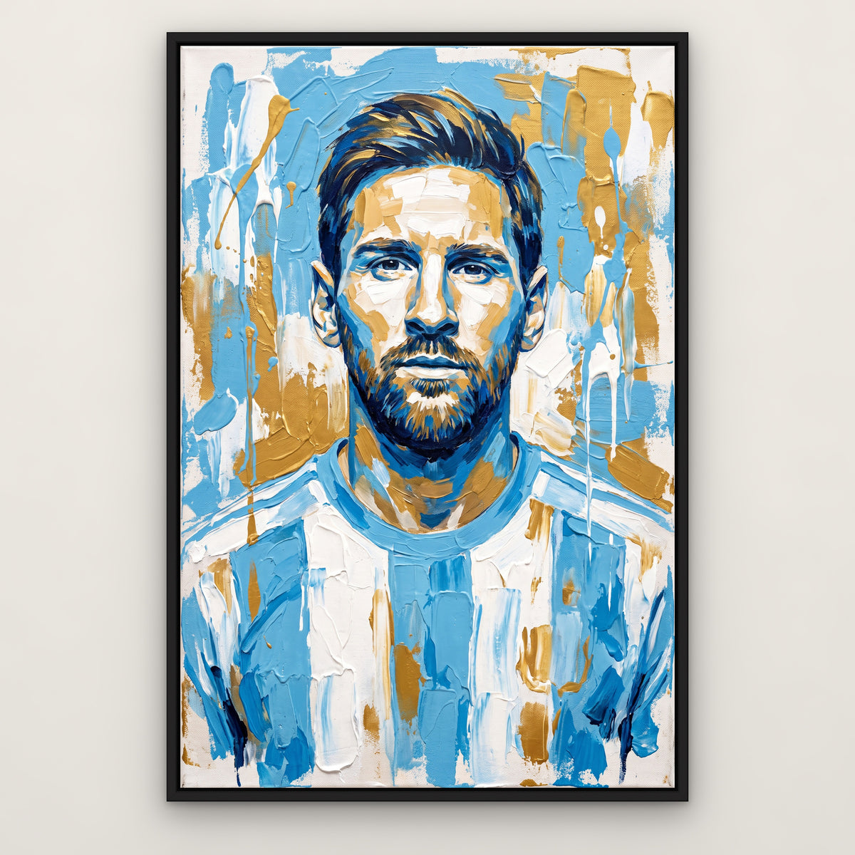 Messi in Sky Blue, gold pop art hand-painted canvas wall art in a slim black float frame – Gallery 23