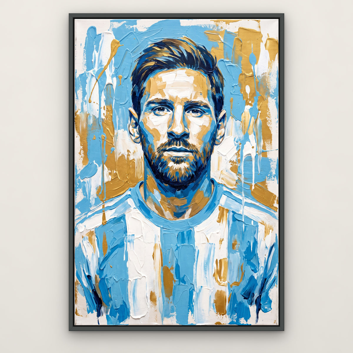 Messi in Sky Blue, gold pop art hand-painted canvas wall art in a slim dark grey float frame – Gallery 23