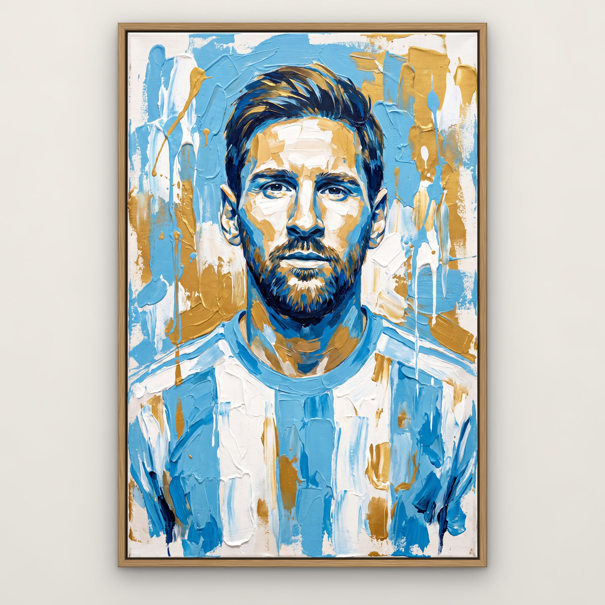 Messi in Sky Blue, gold pop art hand-painted canvas wall art in a slim oak float frame – Gallery 23