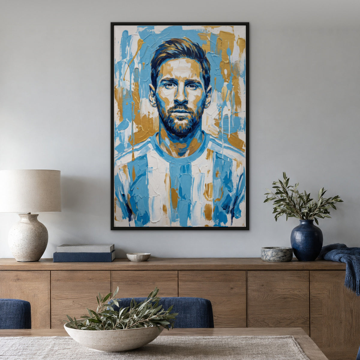 Messi in Sky Blue, gold pop art hand-painted canvas wall art in a dining room – Gallery 23