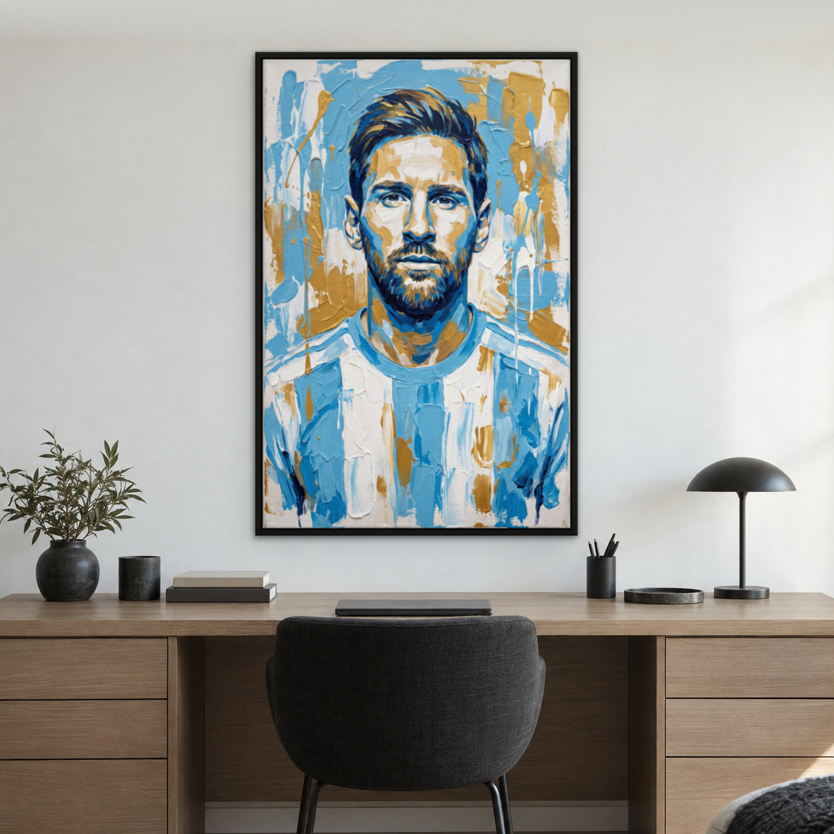 Messi in Sky Blue, gold pop art hand-painted canvas wall art in a home office – Gallery 23