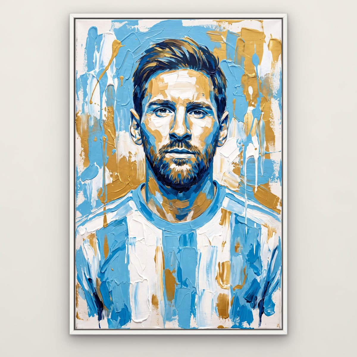 Messi in Sky Blue, gold pop art hand-painted canvas wall art in a slim white float frame – Gallery 23