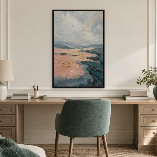 Peach Lagoon Gold, teal abstract hand-painted canvas wall art in a home office – Gallery 23