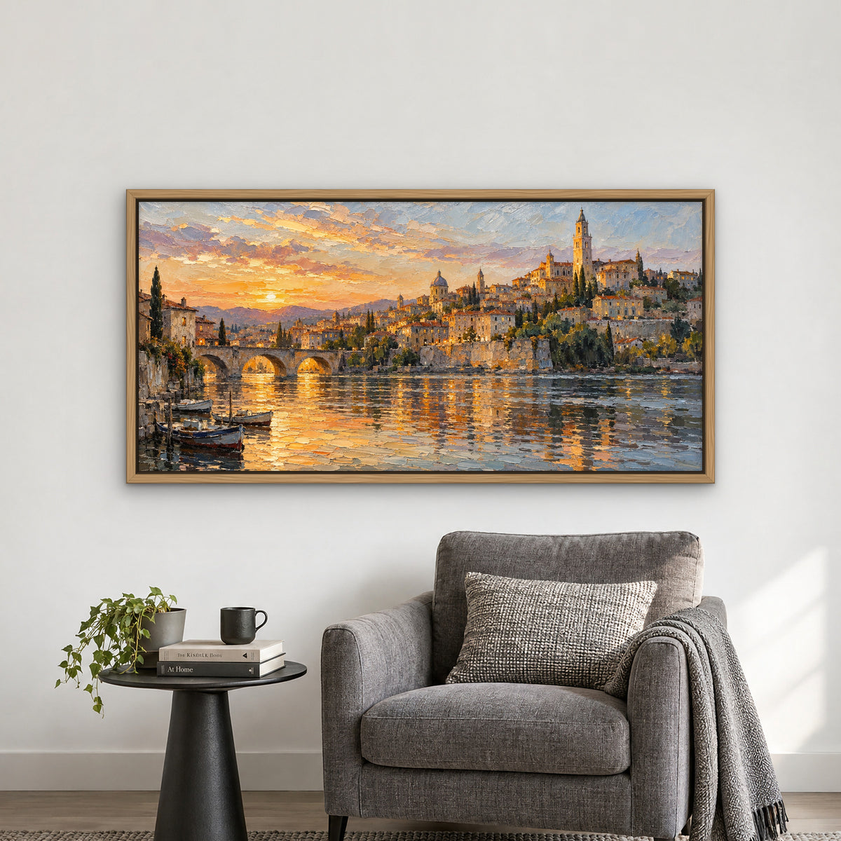 Golden City Reflections, blue abstract hand-painted canvas wall art in a reading corner – Gallery 23