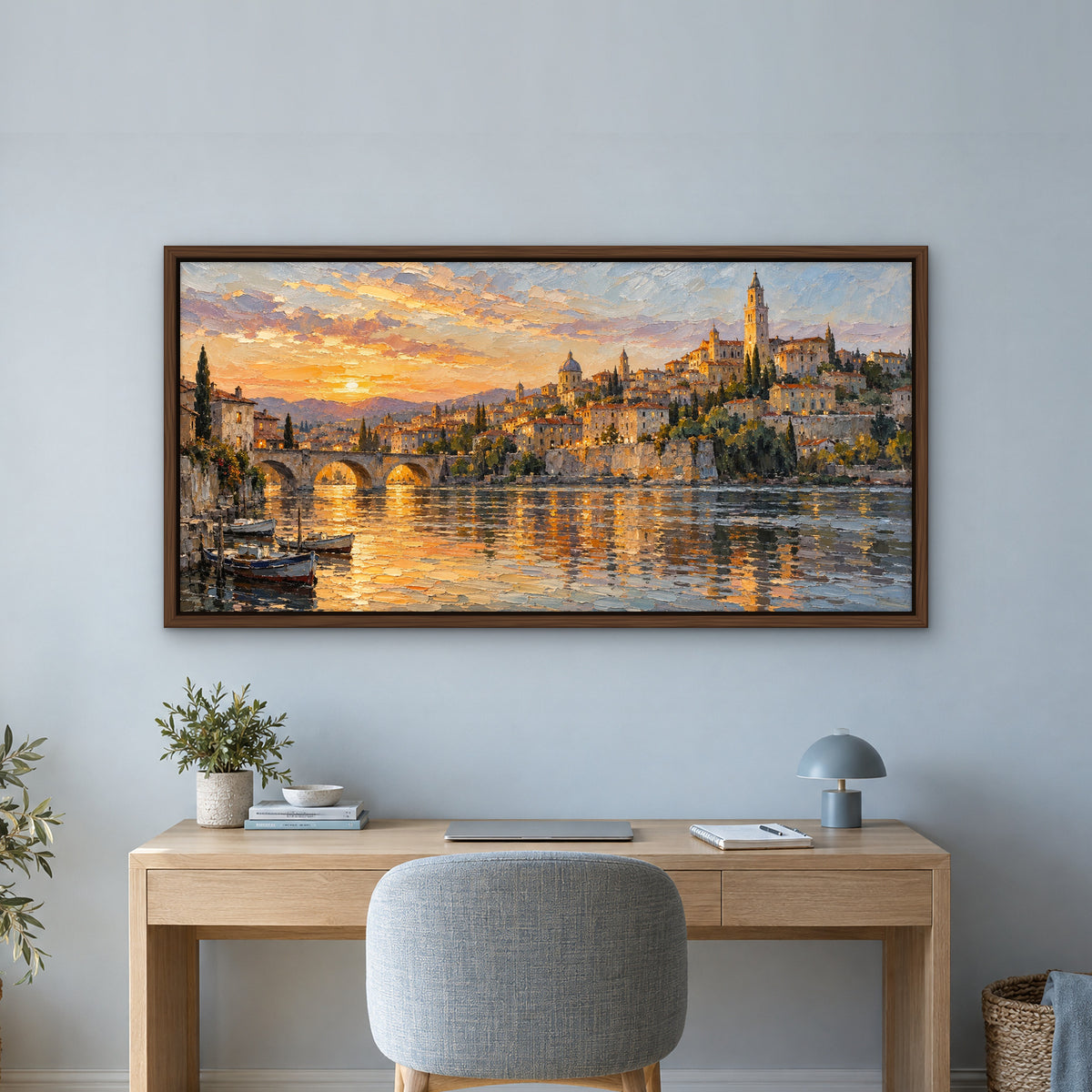 Golden City Reflections, blue abstract hand-painted canvas wall art in a home office – Gallery 23