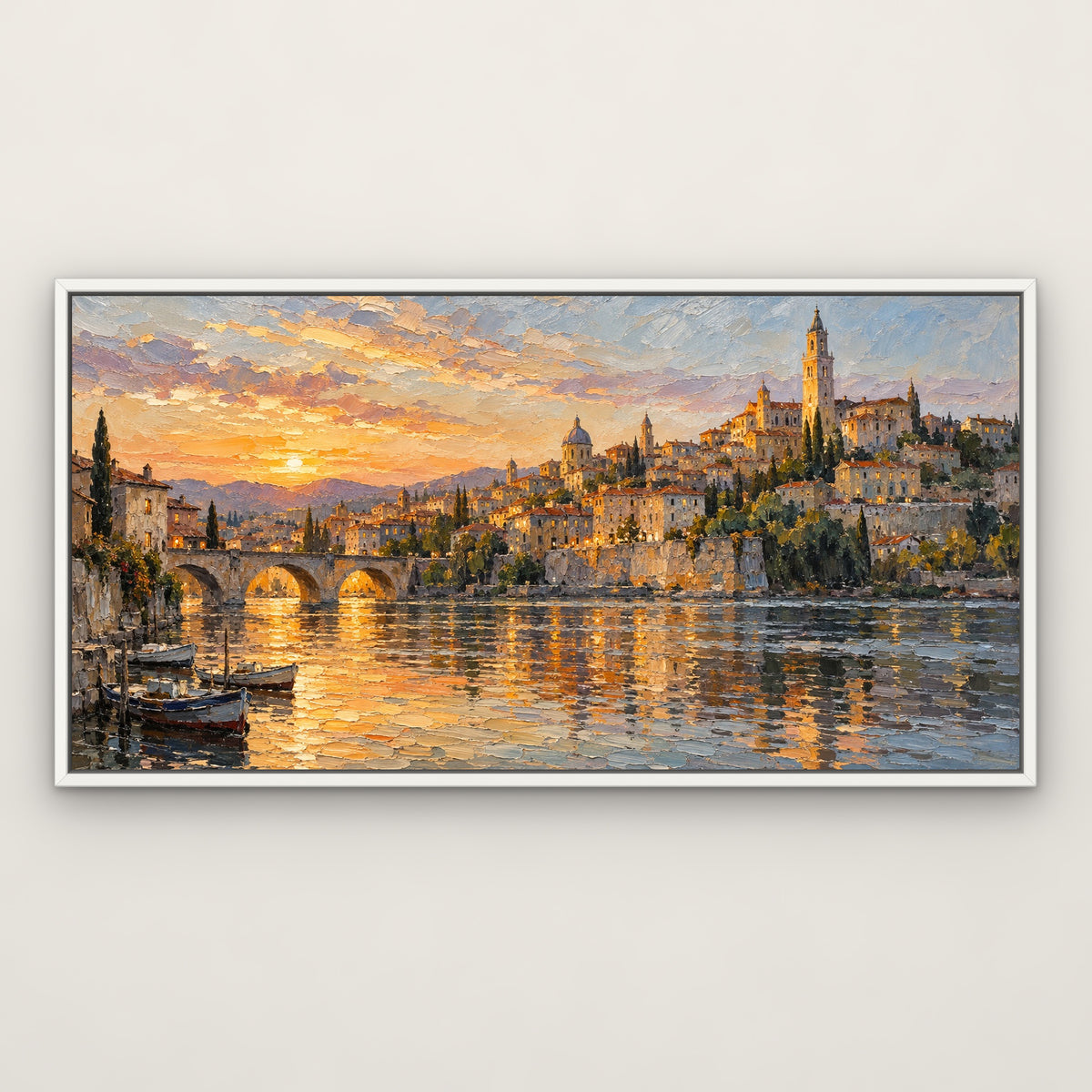Golden City Reflections, blue abstract hand-painted canvas wall art in a slim white float frame – Gallery 23