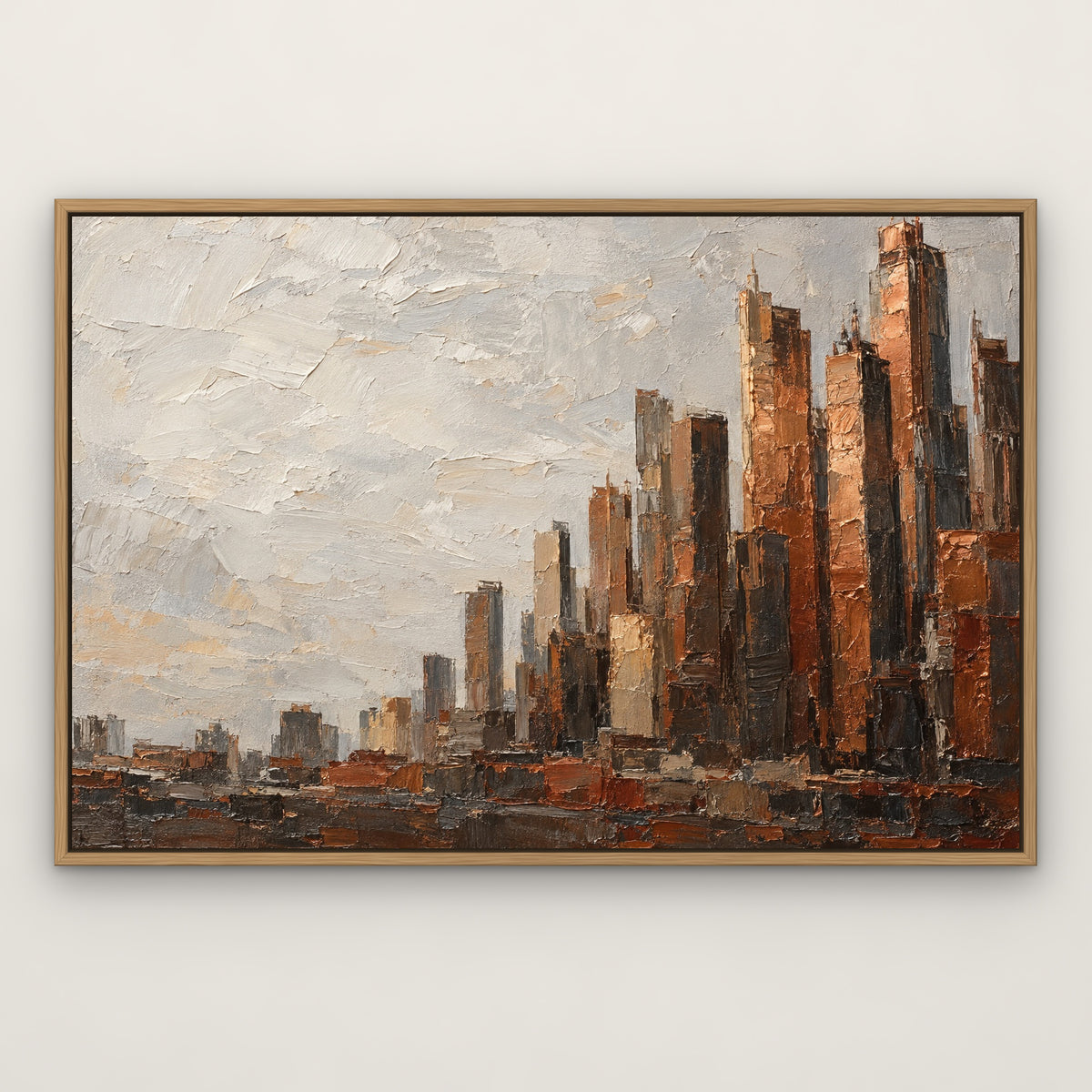 Bronze City Blocks, orange abstract hand-painted canvas wall art in a slim oak float frame – Gallery 23