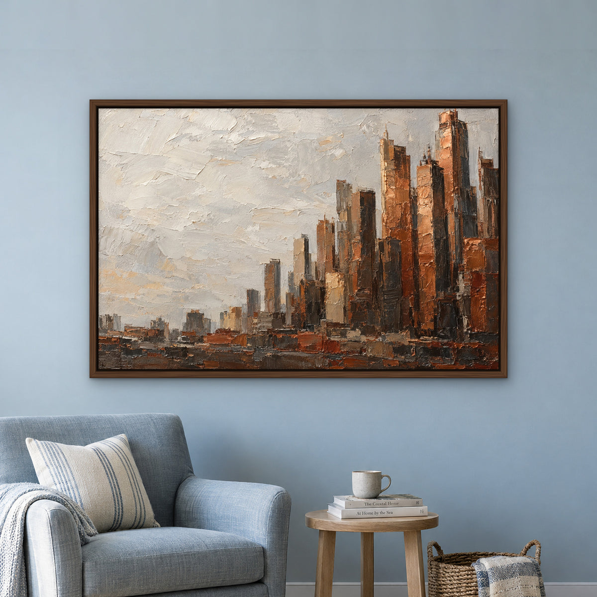 Bronze City Blocks, orange abstract hand-painted canvas wall art in a reading corner – Gallery 23