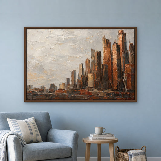 Bronze City Blocks, orange abstract hand-painted canvas wall art in a reading corner – Gallery 23