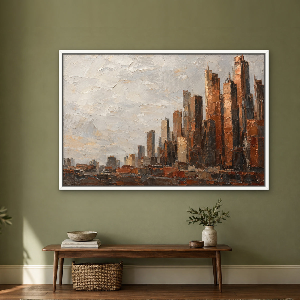Bronze City Blocks, orange abstract hand-painted canvas wall art in a hallway – Gallery 23