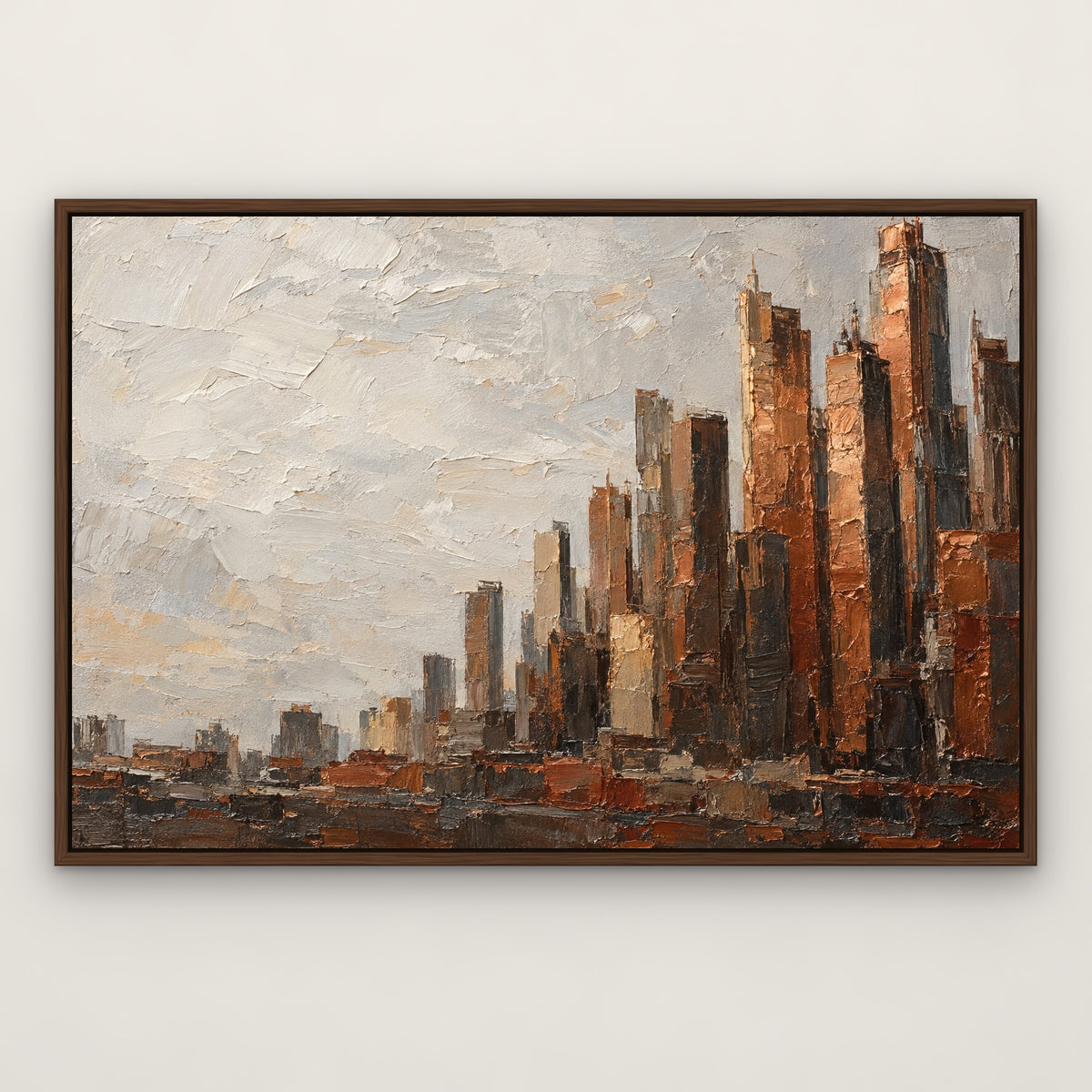 Bronze City Blocks, orange abstract hand-painted canvas wall art in a slim walnut float frame – Gallery 23