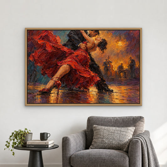 Jazz Club Tango, colourful cityscape hand-painted canvas wall art in a reading corner – Gallery 23