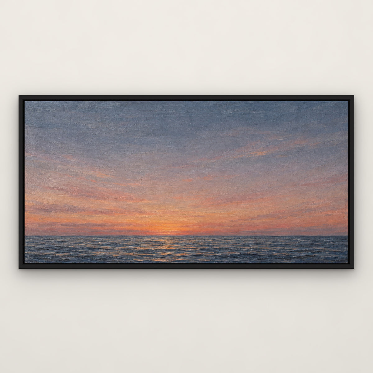 Still Horizon, blue seascape hand-painted canvas wall art in a slim black float frame – Gallery 23