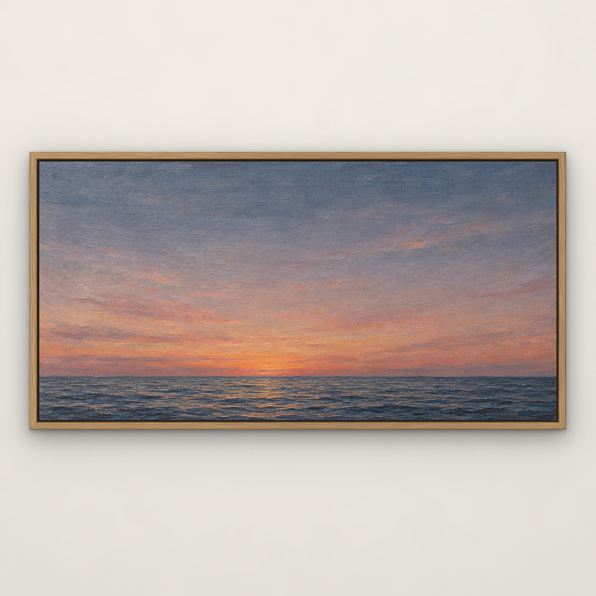 Still Horizon, blue seascape hand-painted canvas wall art in a slim oak float frame – Gallery 23