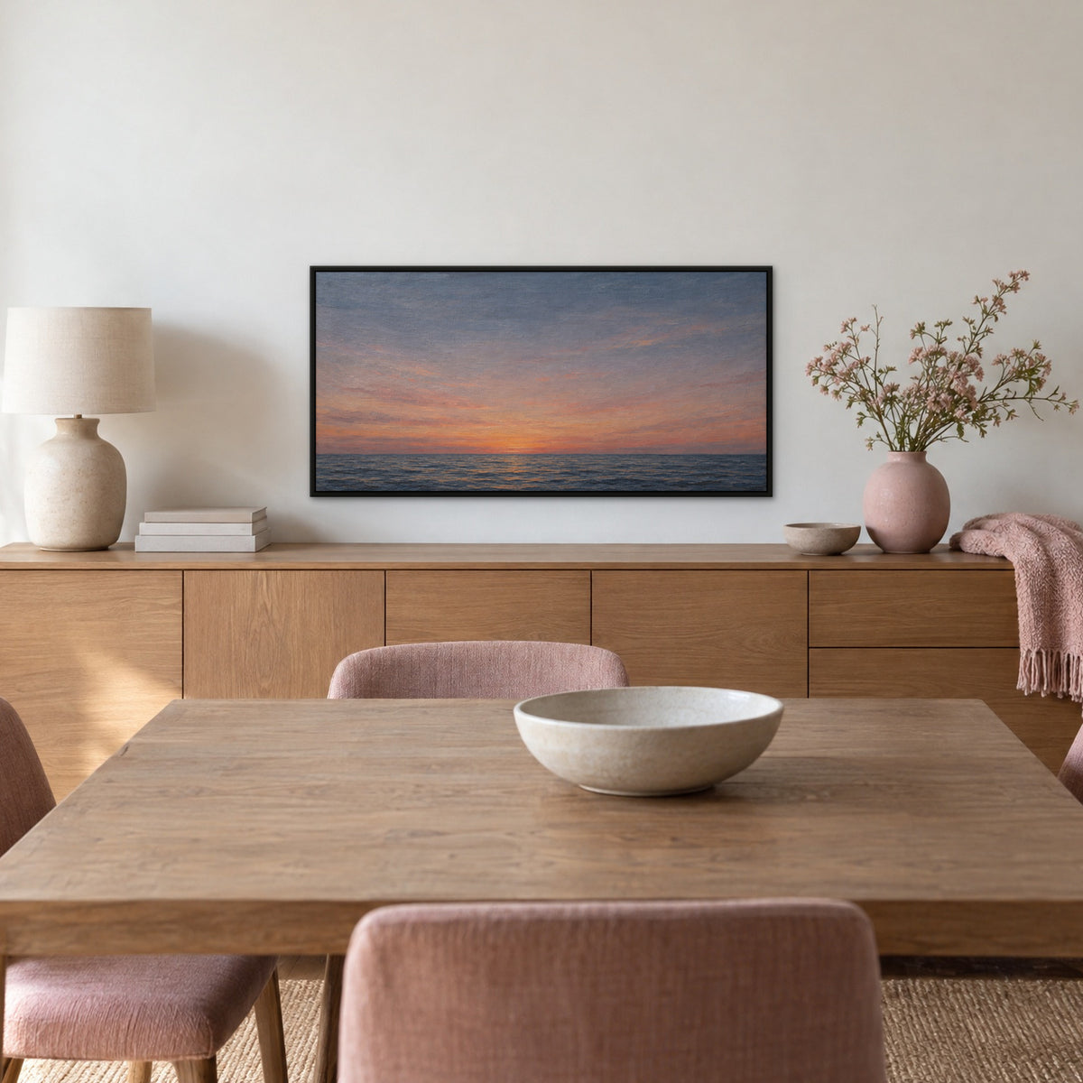 Still Horizon, blue seascape hand-painted canvas wall art in a dining room – Gallery 23