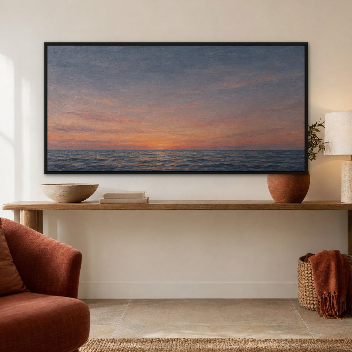 Still Horizon, blue seascape hand-painted canvas wall art in a hallway – Gallery 23
