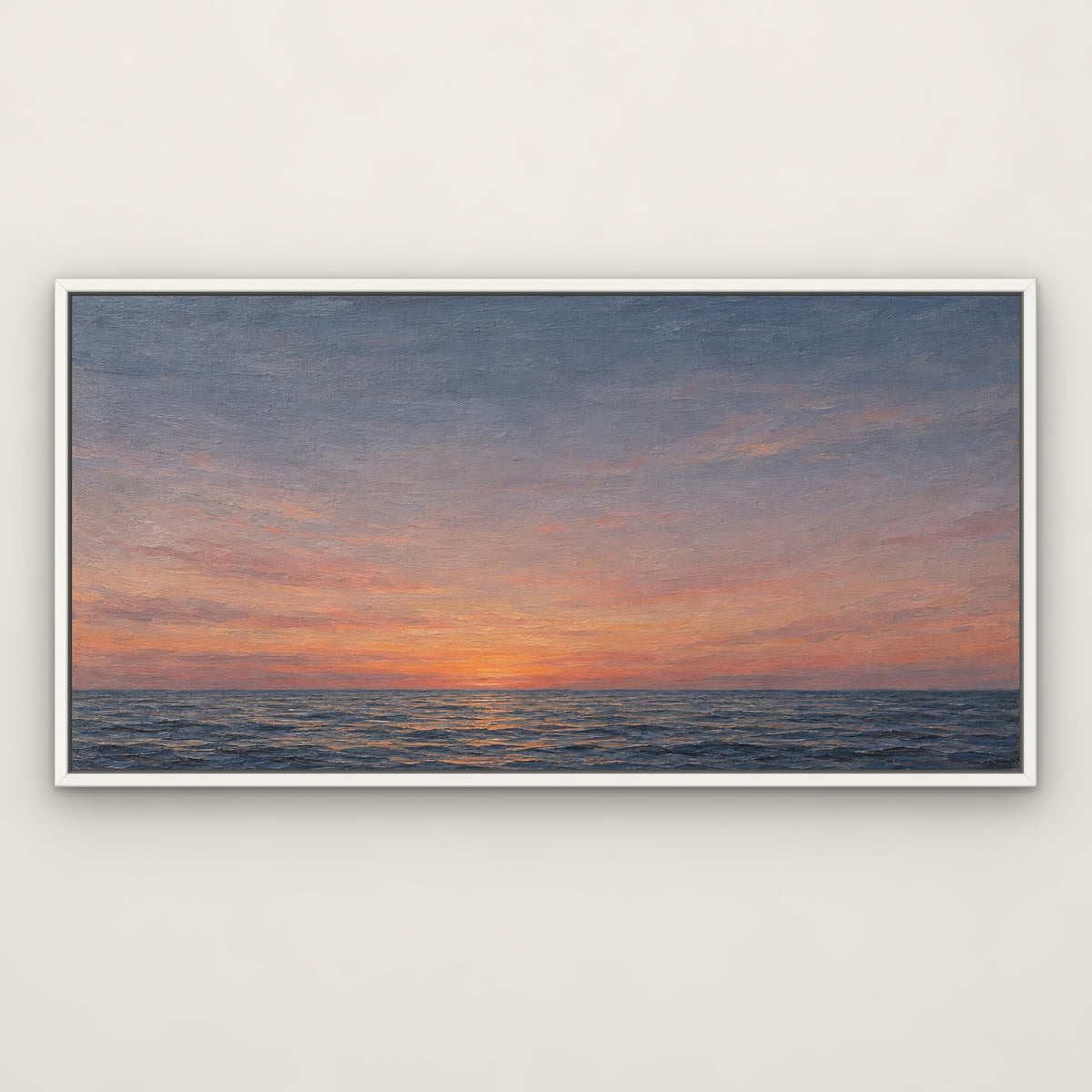 Still Horizon, blue seascape hand-painted canvas wall art in a slim white float frame – Gallery 23