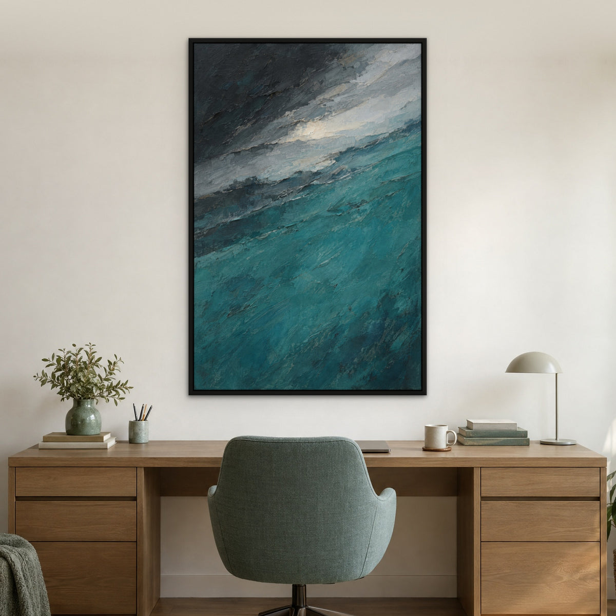 Teal Horizon Layers, grey abstract hand-painted canvas wall art in a home office – Gallery 23
