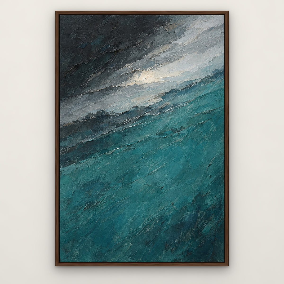 Teal Horizon Layers, grey abstract hand-painted canvas wall art in a slim walnut float frame – Gallery 23